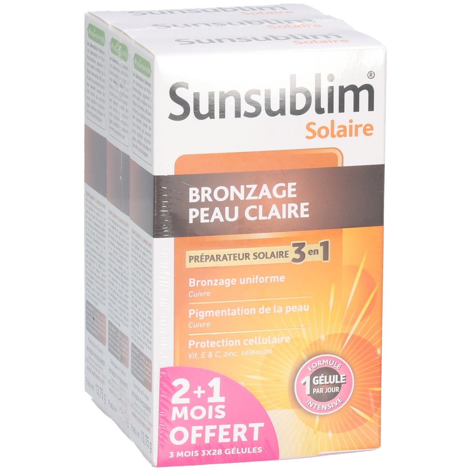 Une boîte SUNSUBLIM Solaire. Inscription: Bronzage Peau Claire, préparation 3 en 1, 2+1 mois offerts. Éléments roses et oranges.
