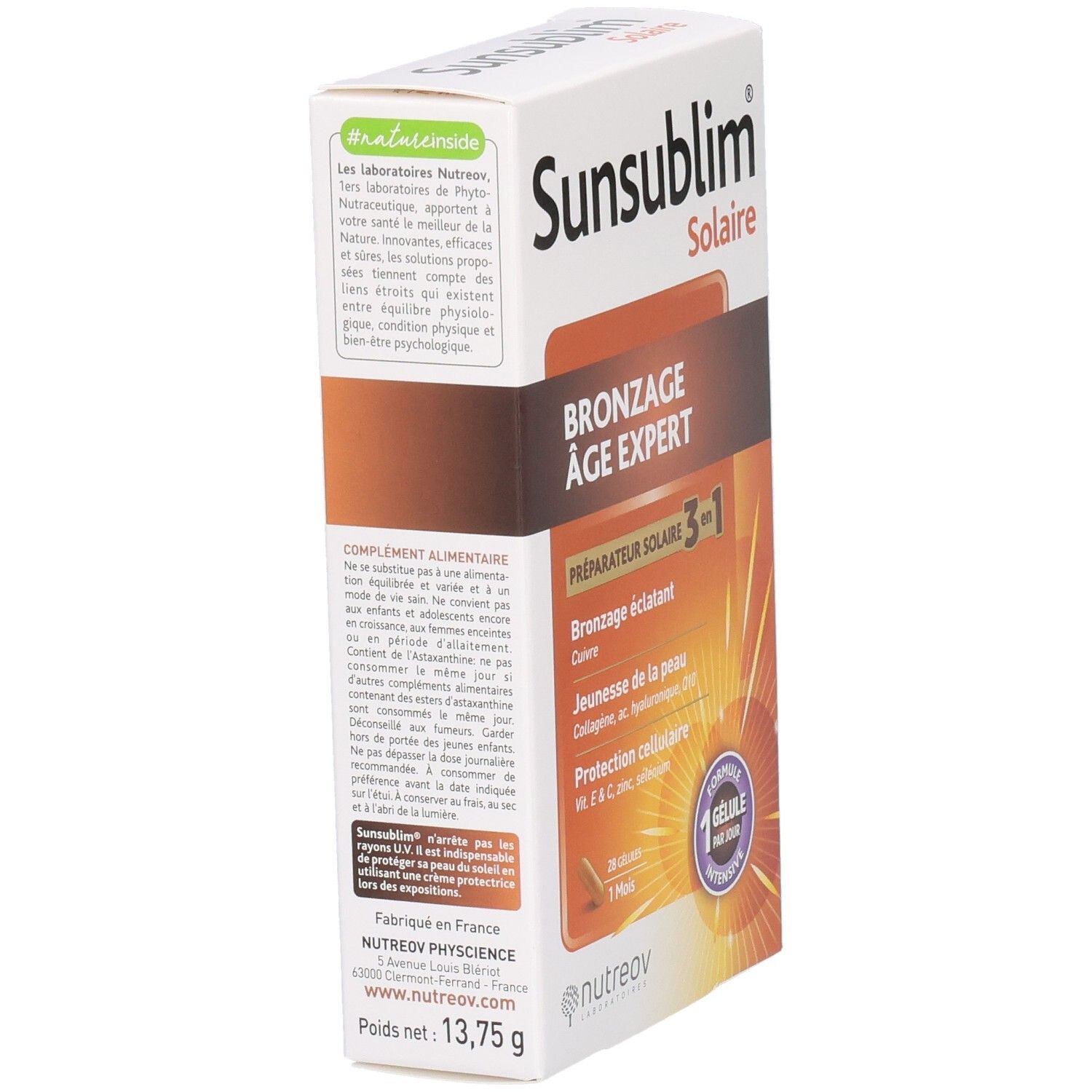 Boîte SUNSUBLIM Solaire. Texte: Bronzage Âge Expert. Contient 13,75 g. Marque: Nutreov. Inscription: Complément alimentaire.