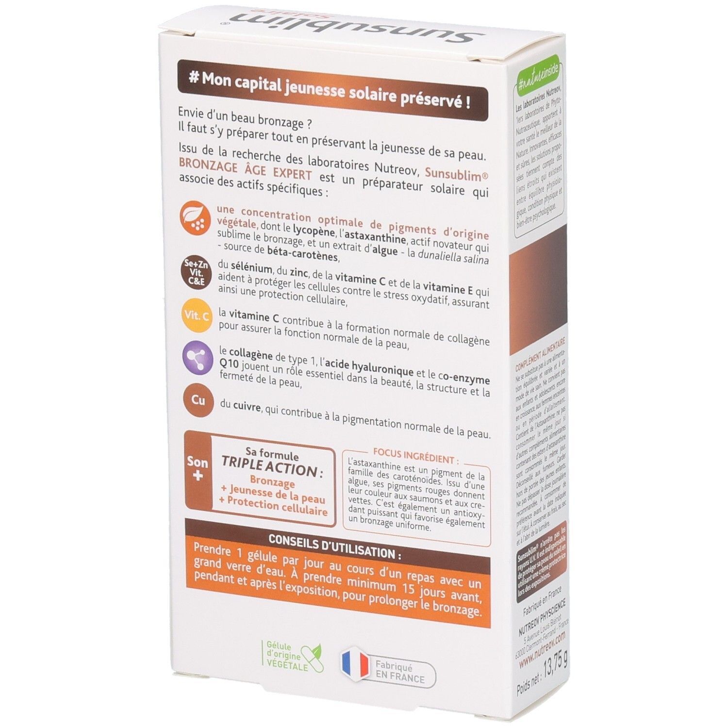 Dos de la boîte SUNSUBLIM Solaire. Texte: # Mon capital jeunesse solaire préservé! Contient des informations et conseils d'utilisation.