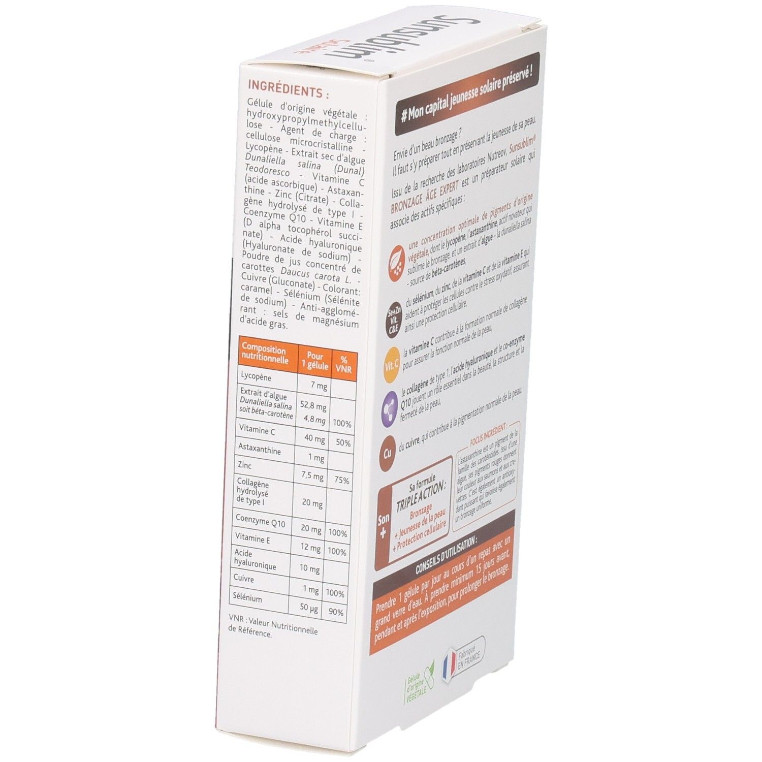 Vue latérale de la boîte SUNSUBLIM Solaire. Texte: Ingrédients et tableau nutritionnel. Contient des informations sur les ingrédients.