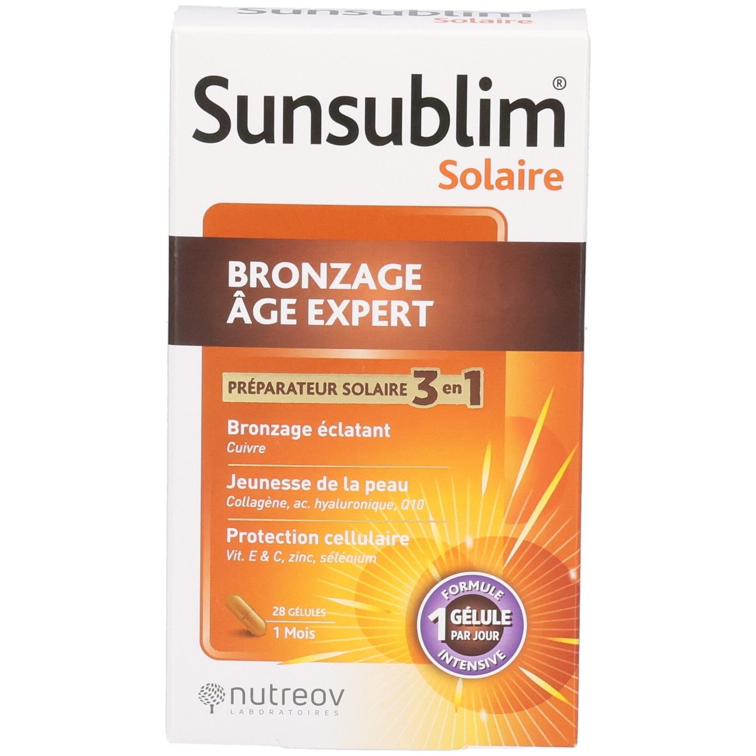 Boîte SUNSUBLIM Solaire. Texte: Bronzage Âge Expert, Préparateur Solaire 3 en 1. Contient 28 gélules. Marque: Nutreov.