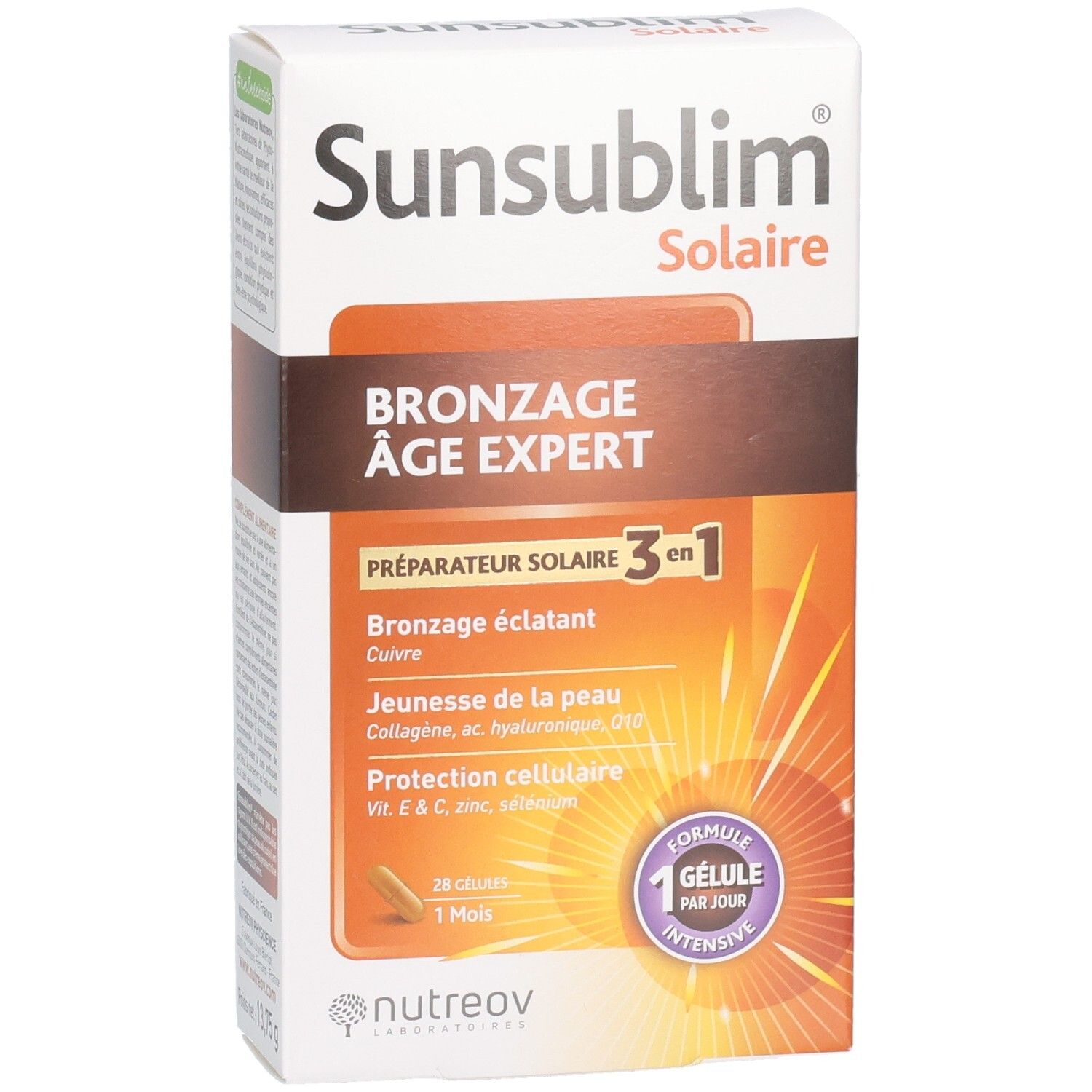 Boîte SUNSUBLIM Solaire. Texte: Bronzage Âge Expert, Préparateur Solaire 3 en 1. Contient 28 gélules. Marque: Nutreov.