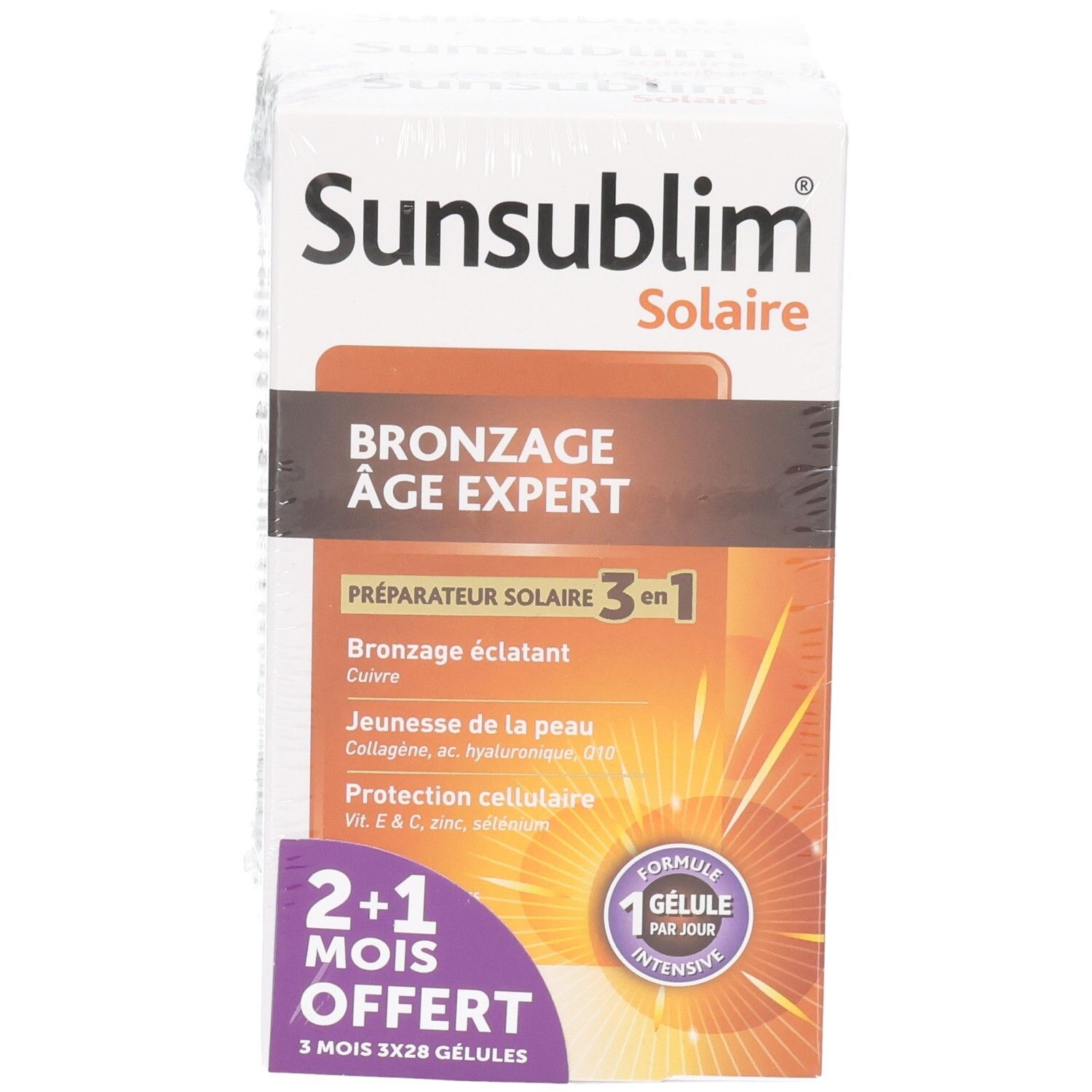 Emballage de SUNSUBLIM Bronz A/Age Caps. 1 boîte. Inscription: Bronzage Âge Expert, 3-en-1, 2+1 gratuit.