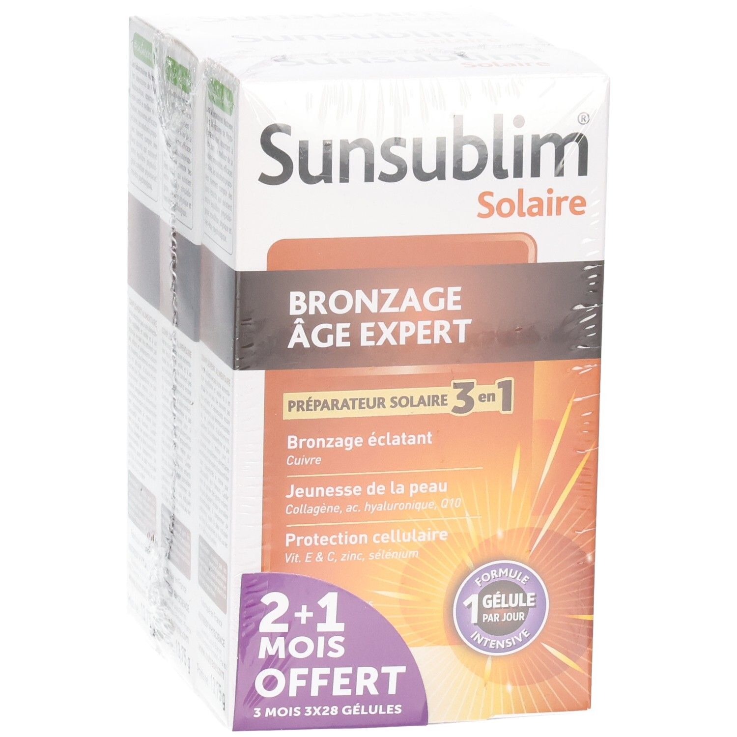 Emballage de SUNSUBLIM Bronz A/Age Caps. 3 boîtes, emballées. Inscription: Bronzage Âge Expert, 3-en-1.