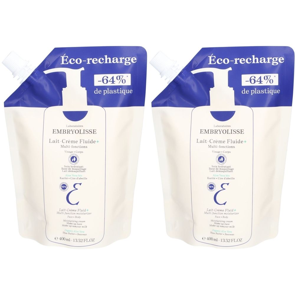 Deux recharges Embryolisse Lait-Crème Fluide+. Sachets blancs avec impression bleue. Texte : Éco-recharge, -64% de plastique.