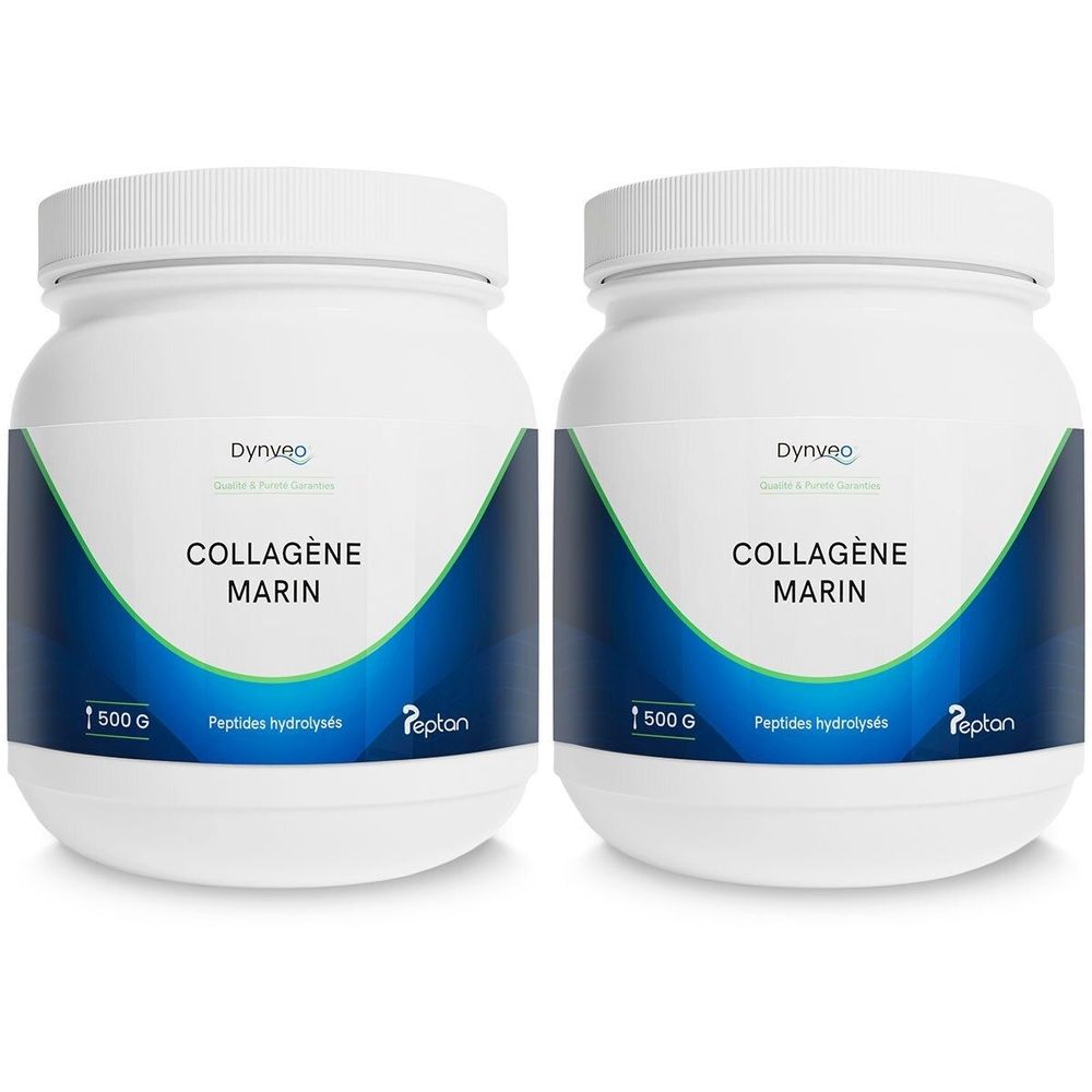 Deux pots blancs avec design bleu, inscription COLLAGÈNE MARIN. Chaque pot a un couvercle blanc et contient 500 G.