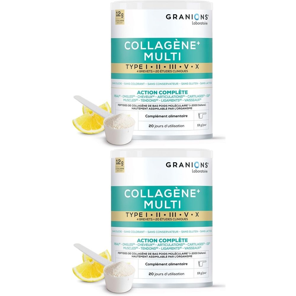 Deux boîtes de "COLLAGÈNE+ MULTI". Comprend une cuillère doseuse et des tranches de citron. Marque : GRANIONS.