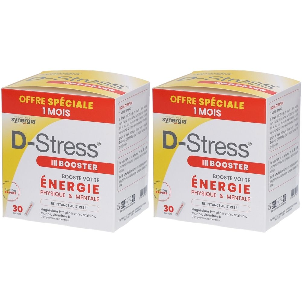 Deux boîtes de "D-Stress Booster". Inscription "Offre Spéciale 1 Mois". Contient 30 unités. Jaune, rouge et blanc.