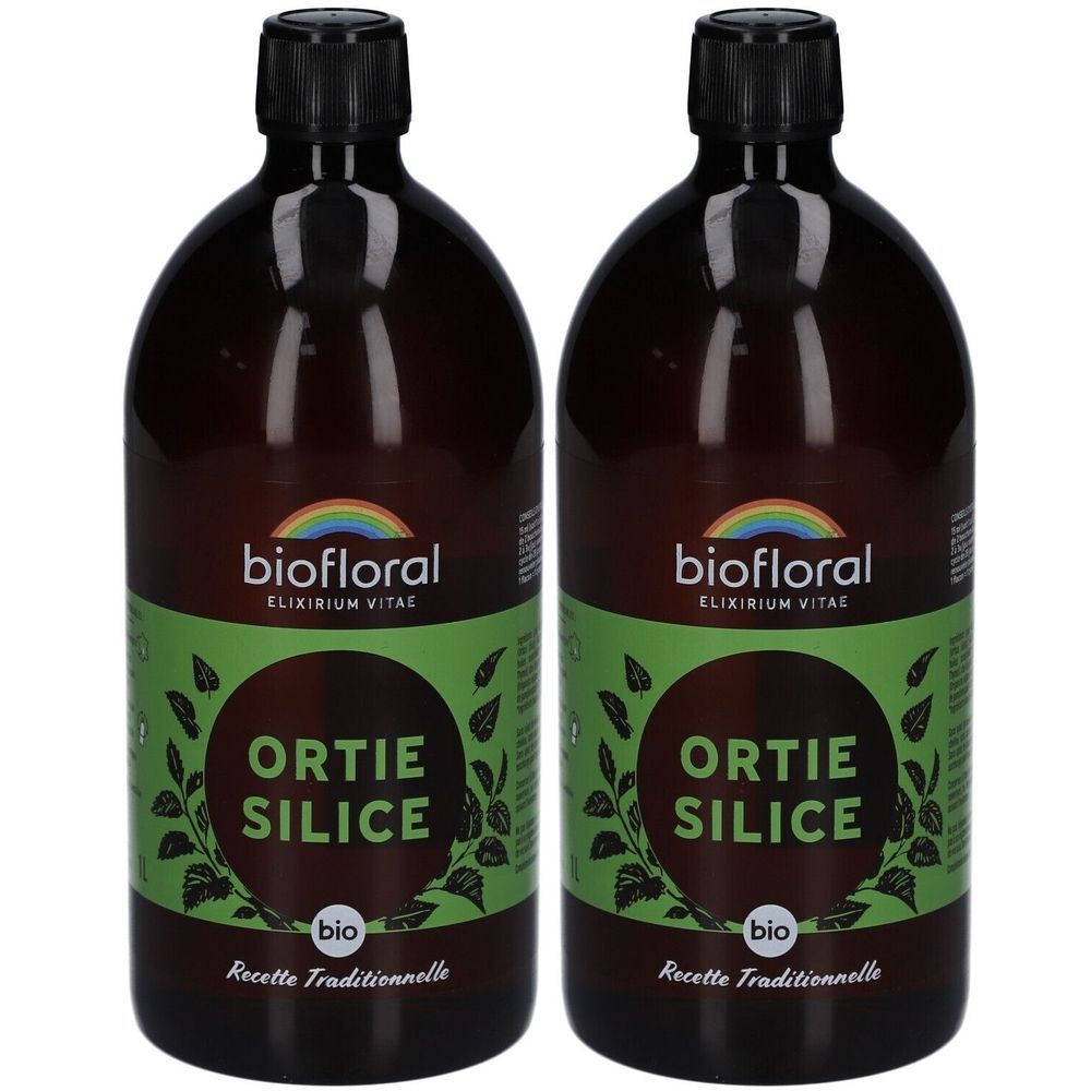 Deux bouteilles marron avec bouchon noir. Inscription: biofloral, ORTIE SILICE, bio. Recette Traditionnelle. Étiquettes vertes.