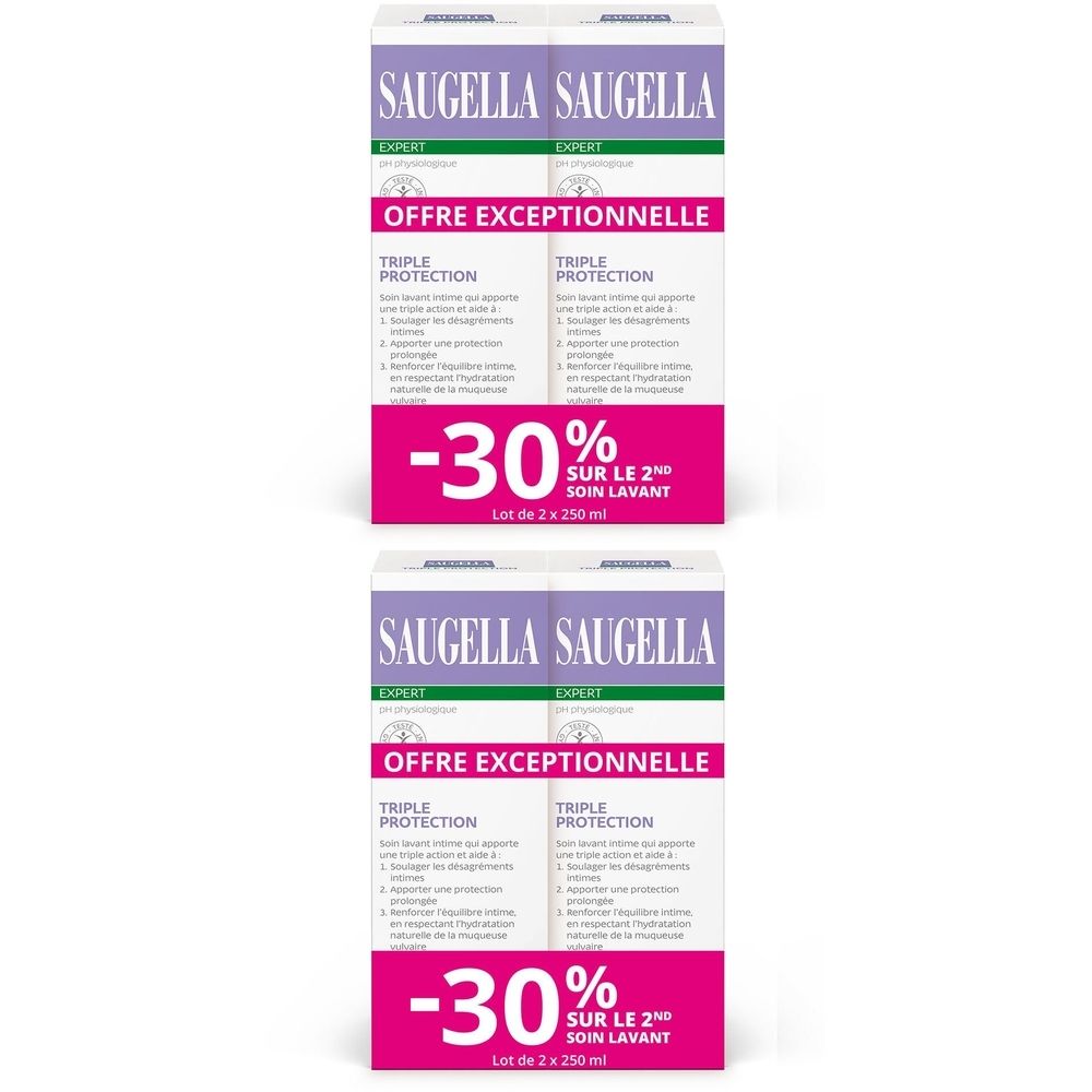 Deux boîtes de produit. Inscription: SAUGELLA, Triple Protection, offre promotionnelle -30%.