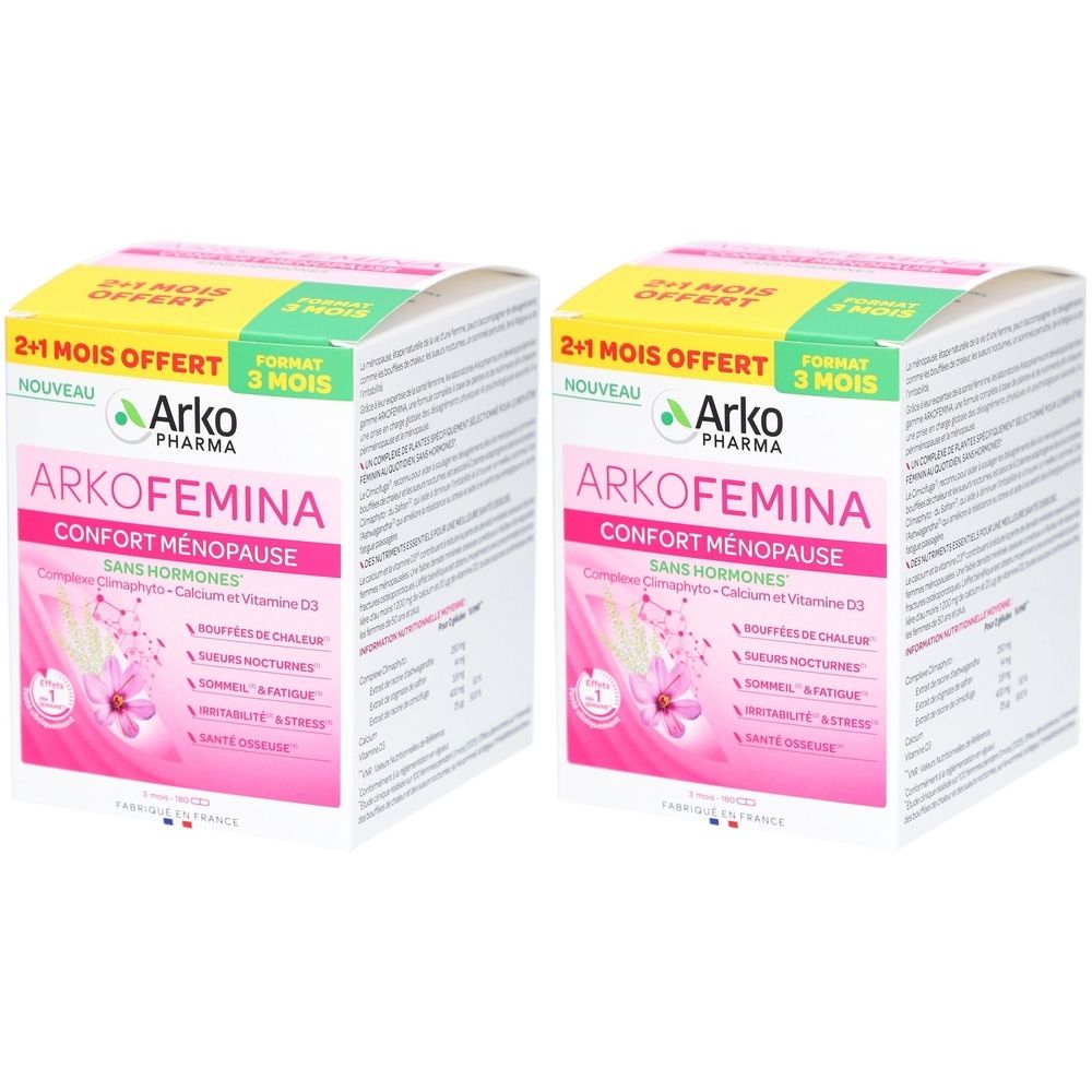 Deux boîtes ARKOFEMINA. Inscription: CONFORT MENOPAUSE, sans hormones. Jaune, rose et blanc. Offre: 2+1 mois offerts.