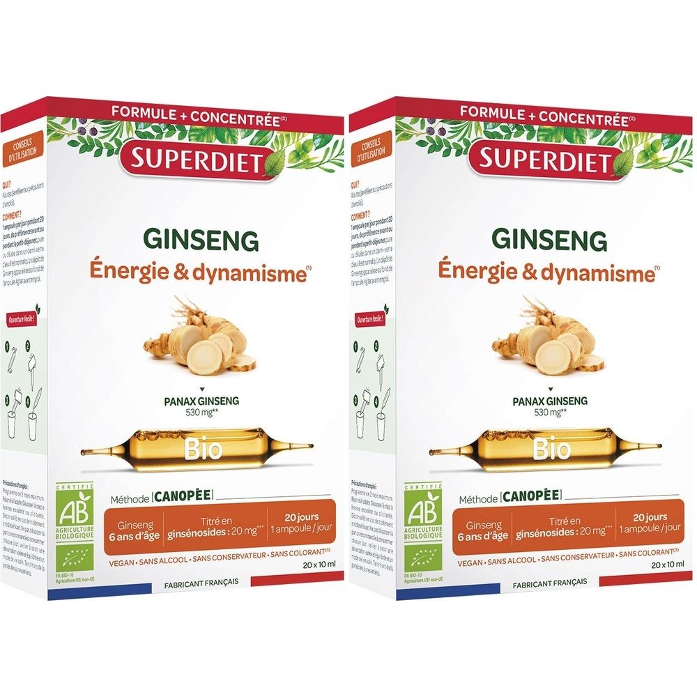 Deux boîtes de SUPERDIET GINSENG. Inscription: Ginseng, énergie & dynamisme. Certification Bio. Illustration d'ampoules.