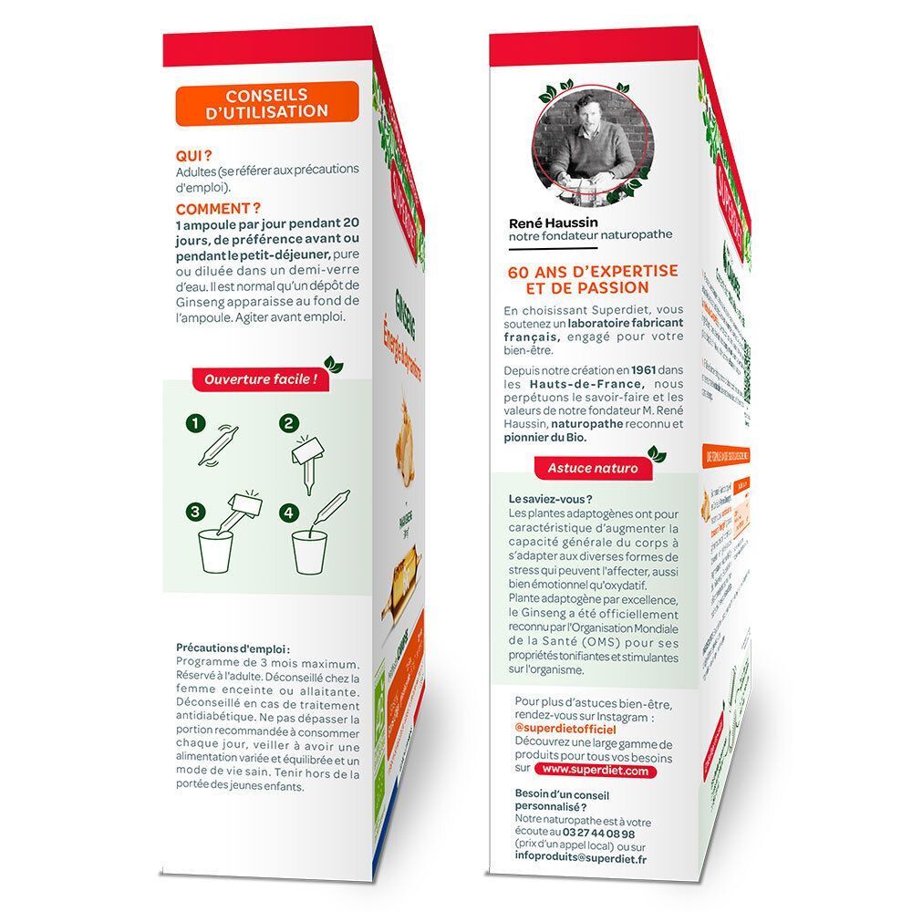 Emballage Superdiet avec conseils d'utilisation et informations sur René Haussin.