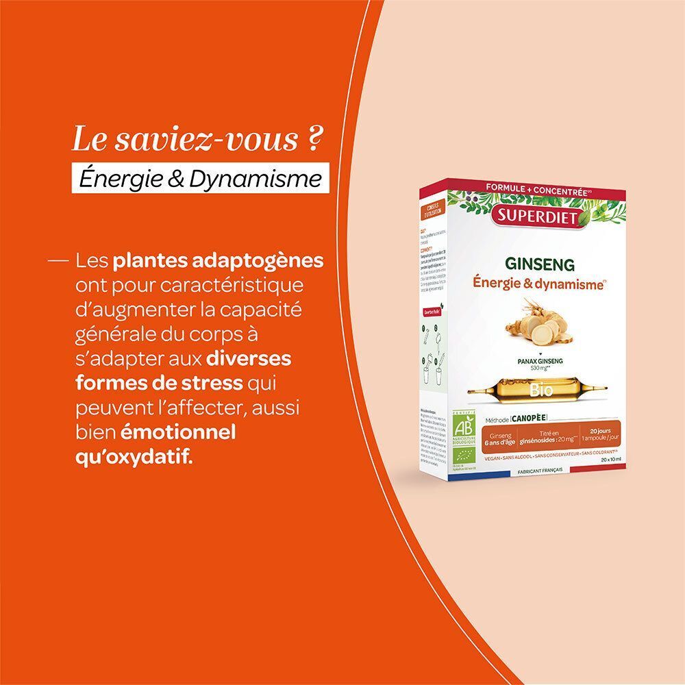 Superdiet Ginseng Énergie & Dynamisme Bio Ampoule. Boîte montrant une racine de ginseng.
