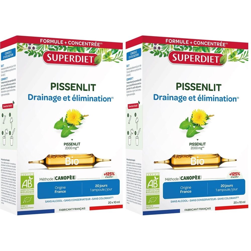 Deux boîtes de SUPERDIET PISSENLIT. Inscription : Drainage et élimination, certification Bio, 20 ampoules.