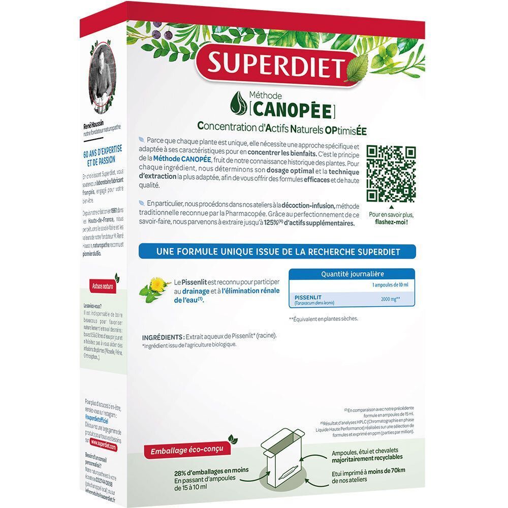 Dos d'une boîte SUPERDIET Pissenlit Bio. Informations sur la Méthode Canopée et les ingrédients.