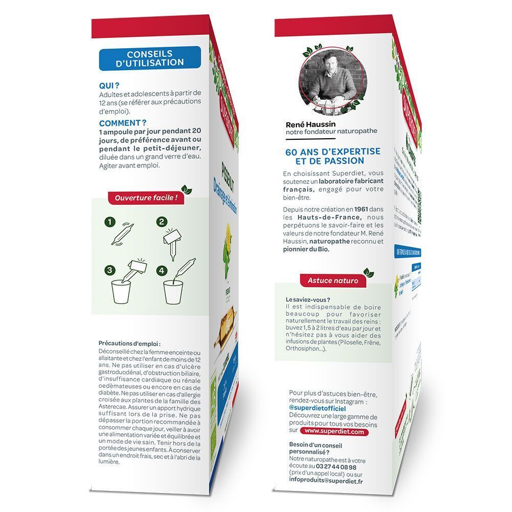 Vue latérale d'une boîte SUPERDIET Pissenlit Bio avec conseils d'utilisation et informations expert.