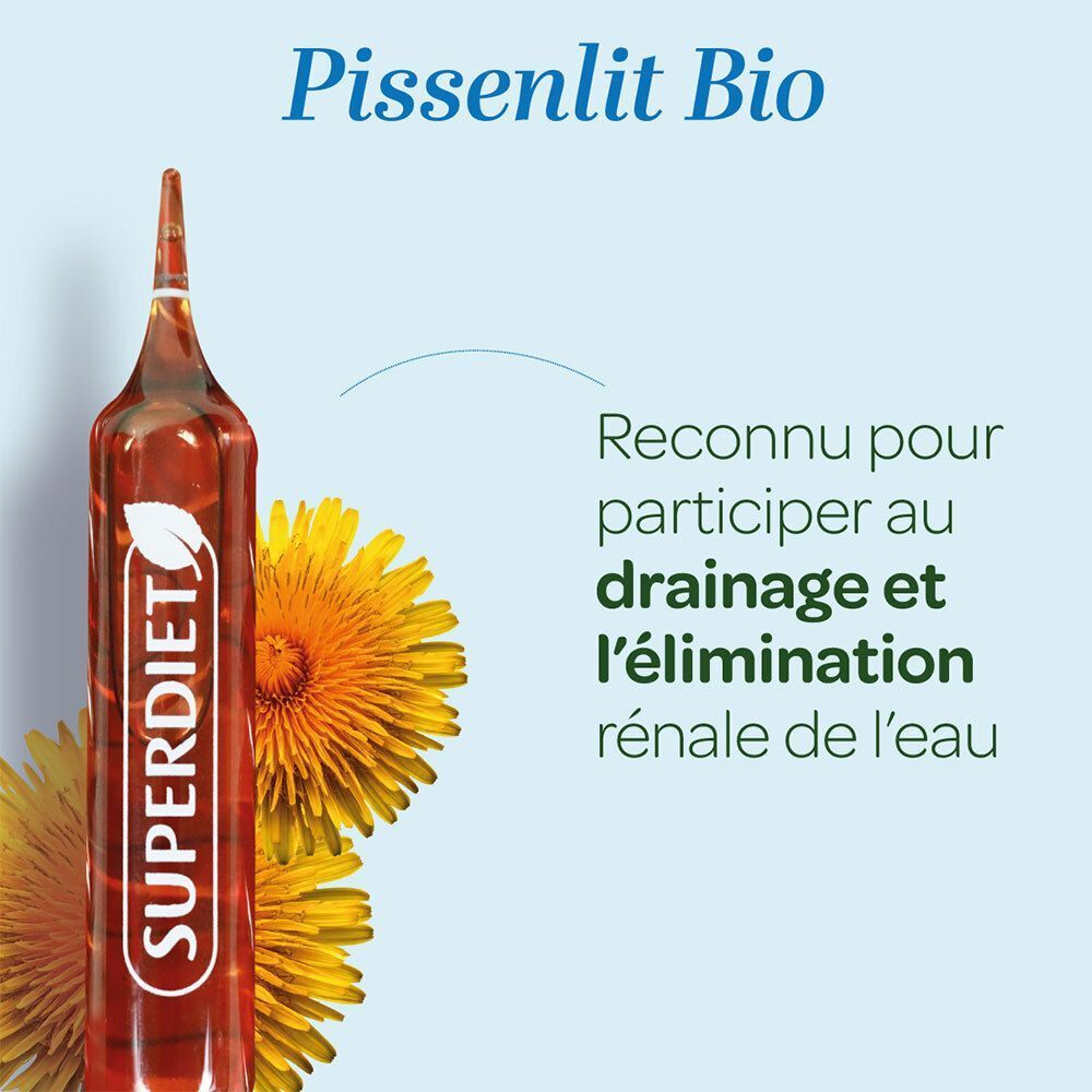 Ampoule SUPERDIET Pissenlit Bio avec fleurs de pissenlit. Pour le drainage et l'élimination.