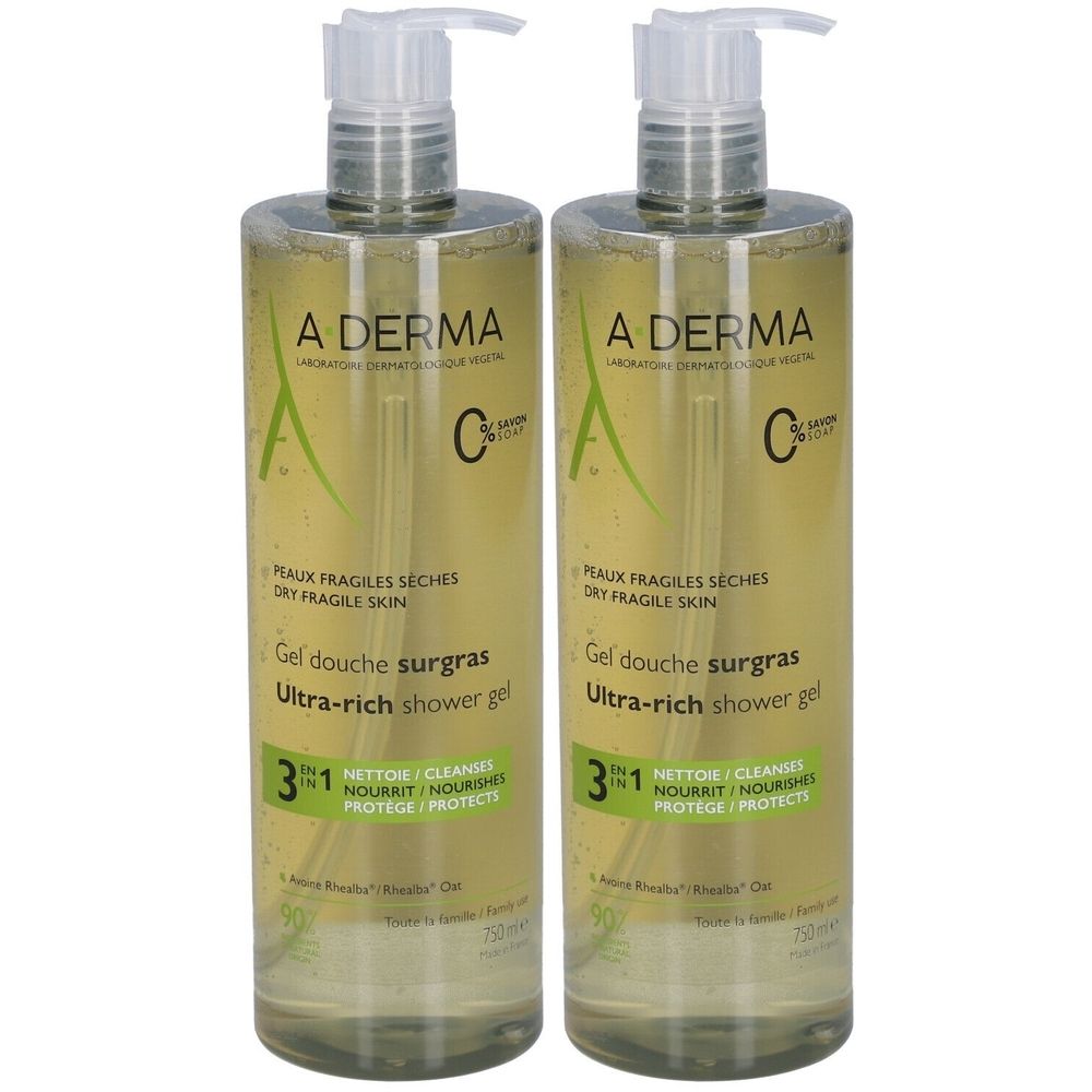 Deux flacons transparents avec pompe. Inscription: A-DERMA, Gel douche surgras, 3 en 1. Pour peaux sèches et fragiles.