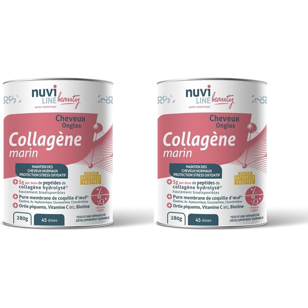 Deux boîtes de NUVILINE COLLAGENE. Étiquette rose avec texte: Collagène marin, Cheveux Ongles. Contient 280g et 45 doses.