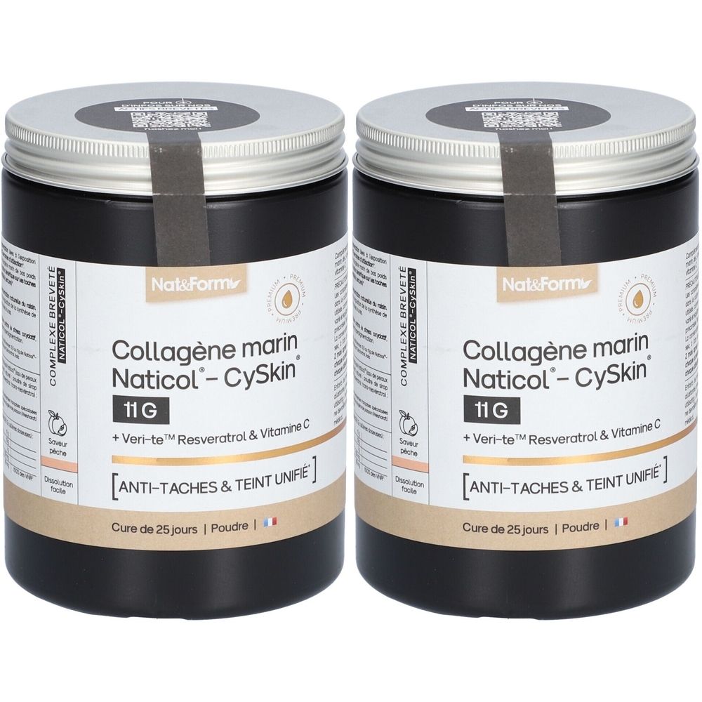 Deux boîtes de NAT&FORM Collagène marin. Boîtes noires avec couvercles argentés. Inscription : Collagène marin Naticol-CySkin, 11G, Anti-taches & teint unifié.