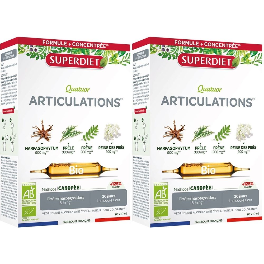 Deux boîtes SUPERDIET Quatuor ARTICULATIONS. Inscription Bio, label AB, 20 ampoules. Illustrations de plantes.