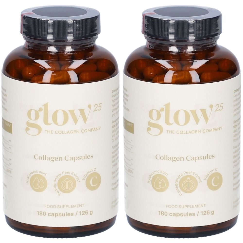 Deux flacons en verre brun avec des bouchons noirs. Les étiquettes indiquent "glow", "Collagen Capsules" et "180 capsules / 126 g".