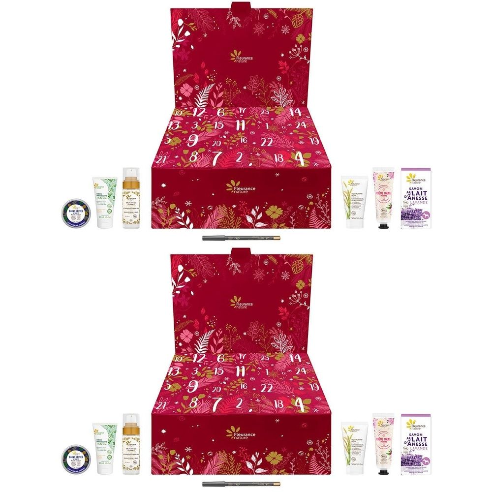 Calendrier de l'Avent rouge fleuri ouvert. Contient des produits cosmétiques et un crayon. Numéros de 1 à 24.