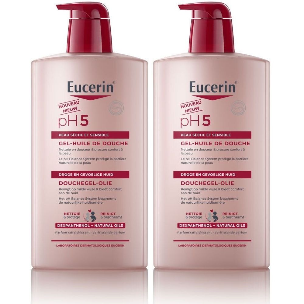 Deux flacons de gel-huile de douche Eucerin pH5. Flacons roses avec pompe rouge. Texte : pH5, Gel-Huile de Douche, pour peau sèche.