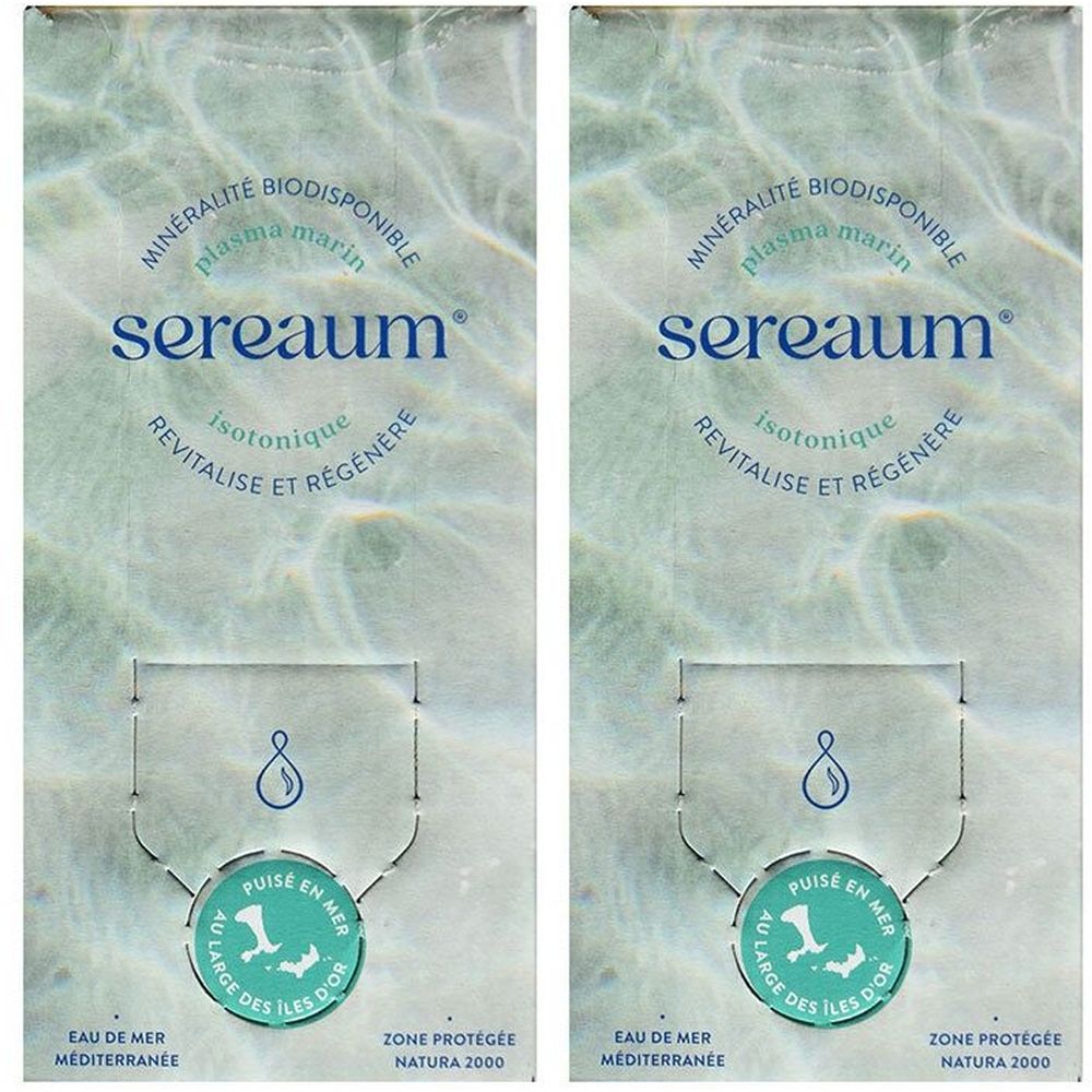 Deux emballages rectangulaires. Inscription: sereaum, isotonique, REVITALISE ET RÉGÉNÉRE. Avec logo et texte: EAU DE MER MEDITERRANÉE.