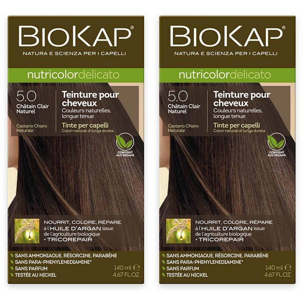 Deux boîtes BIOKAP Nutricolor Delicato 5.0 Châtain Clair Naturel. Inscription : Tinte per capelli, 140 ml.