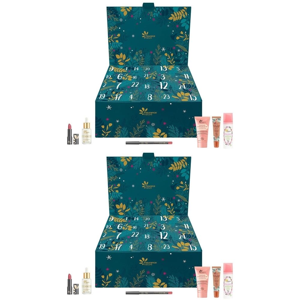 Calendrier de l'Avent avec produits cosmétiques. Boîte turquoise ornée de dorures et de chiffres. Contient rouge à lèvres, sérum et autres produits.