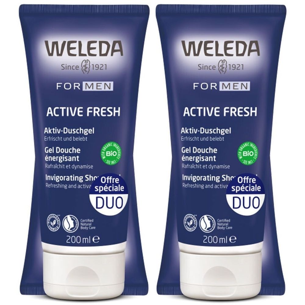 Deux tubes de Gel Douche énergisant WELEDA Homme. Emballage bleu, bouchon blanc. Texte: ACTIVE FRESH, label BIO, DUO.