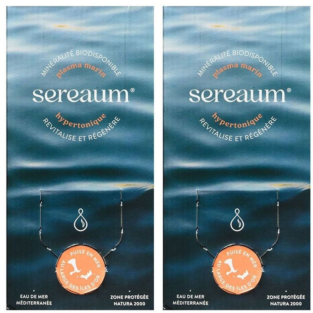 Deux emballages bleus. Texte: sereaum, hypertonique, revitalise et régénère. Logo orange: Puisé en mer. Eau de mer Méditerranée.