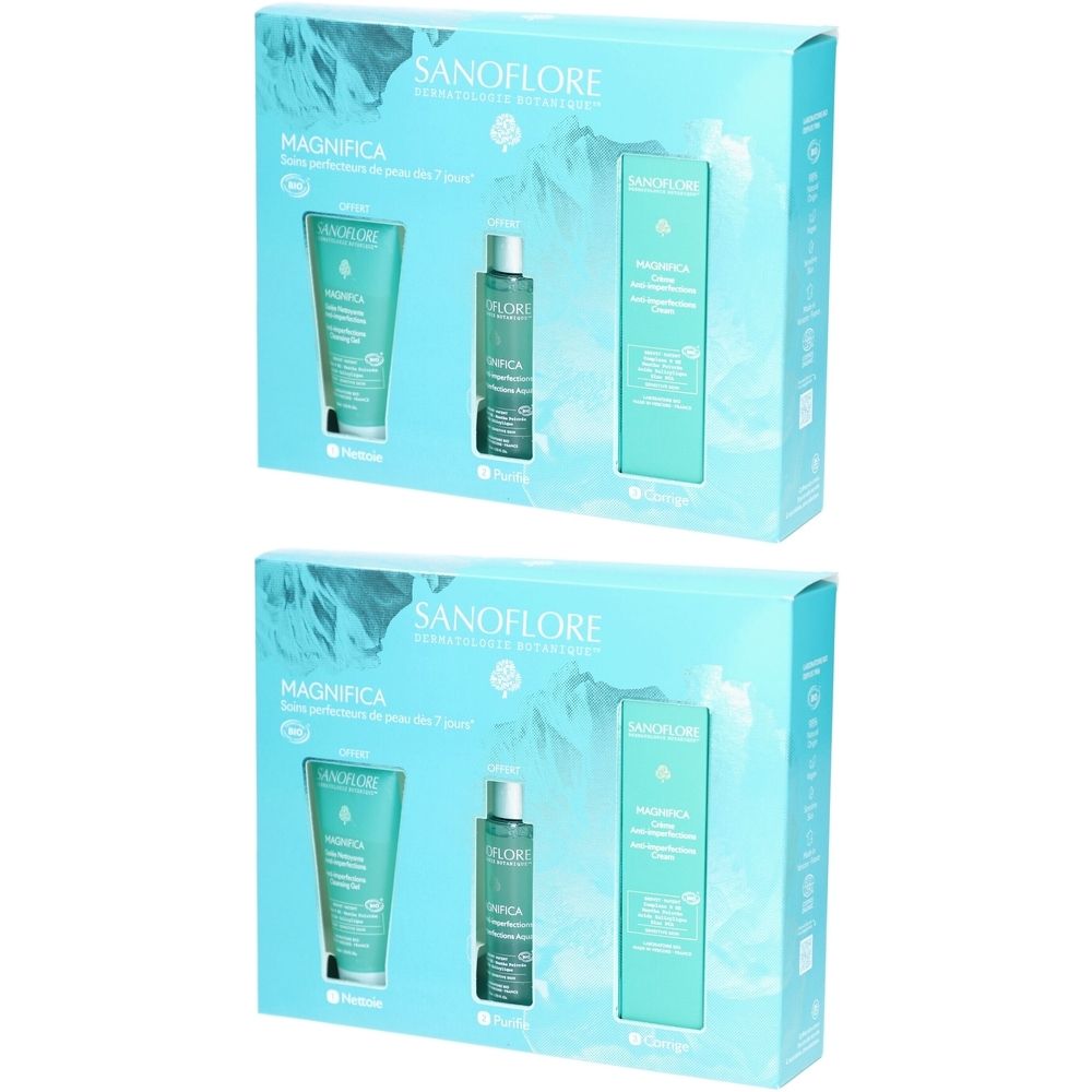 Deux coffrets cadeaux de produits cosmétiques. Chaque boîte contient un tube, un flacon et un flacon allongé. Texte: SANFLORE, MAGNIFICA.