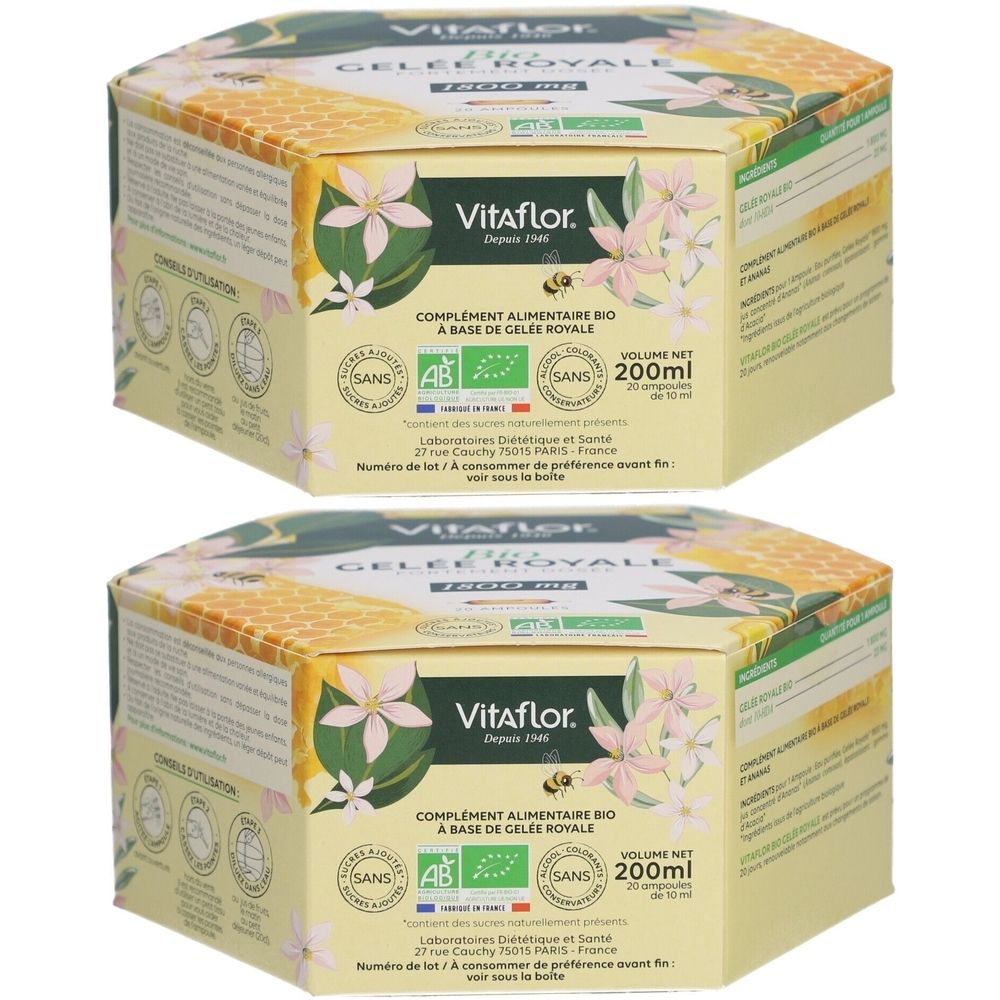 Deux boîtes de Vitaflor Gelée Royale. Inscriptions: marque, nom du produit, volume 200ml, label AB, sans additifs. Emballage jaune et blanc.