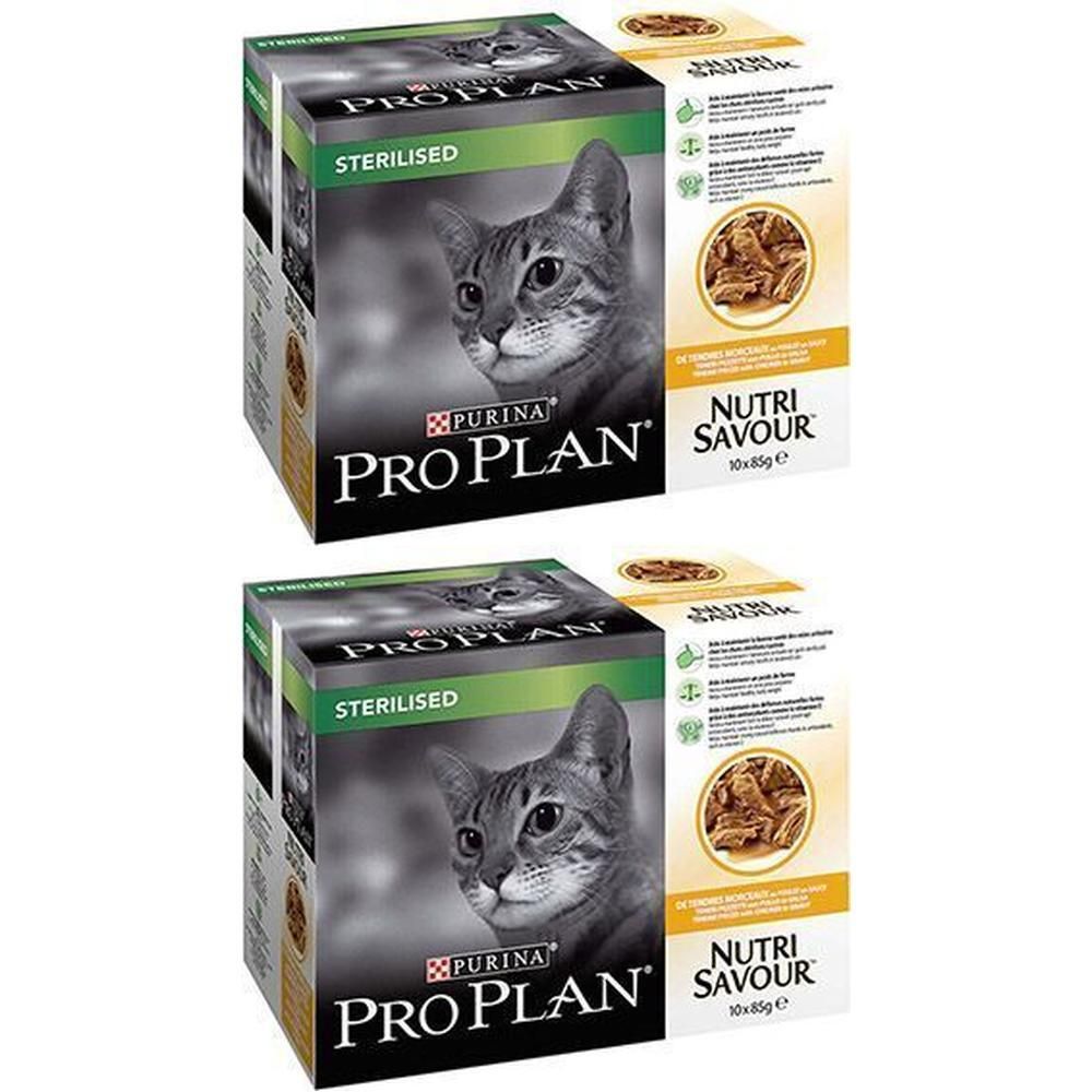 Deux boîtes PRO PLAN® NUTRISAVOUR Sterilised Chat. Image de chat, illustration produit, texte. 10 x 85g.