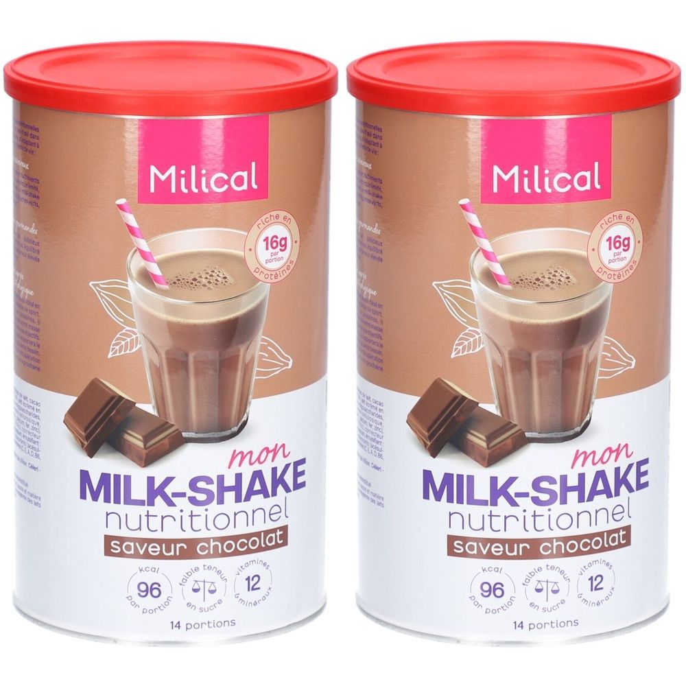 Deux boîtes avec couvercles rouges. Inscription: Milical, MILK-SHAKE nutritionnel saveur chocolat. Illustration d'un milkshake et de morceaux de chocolat.