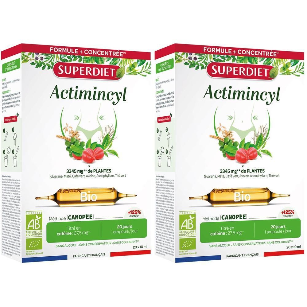 Deux boîtes de Superdiet Actimincyl Bio, complément alimentaire pour le contrôle du poids à base de 6 plantes.