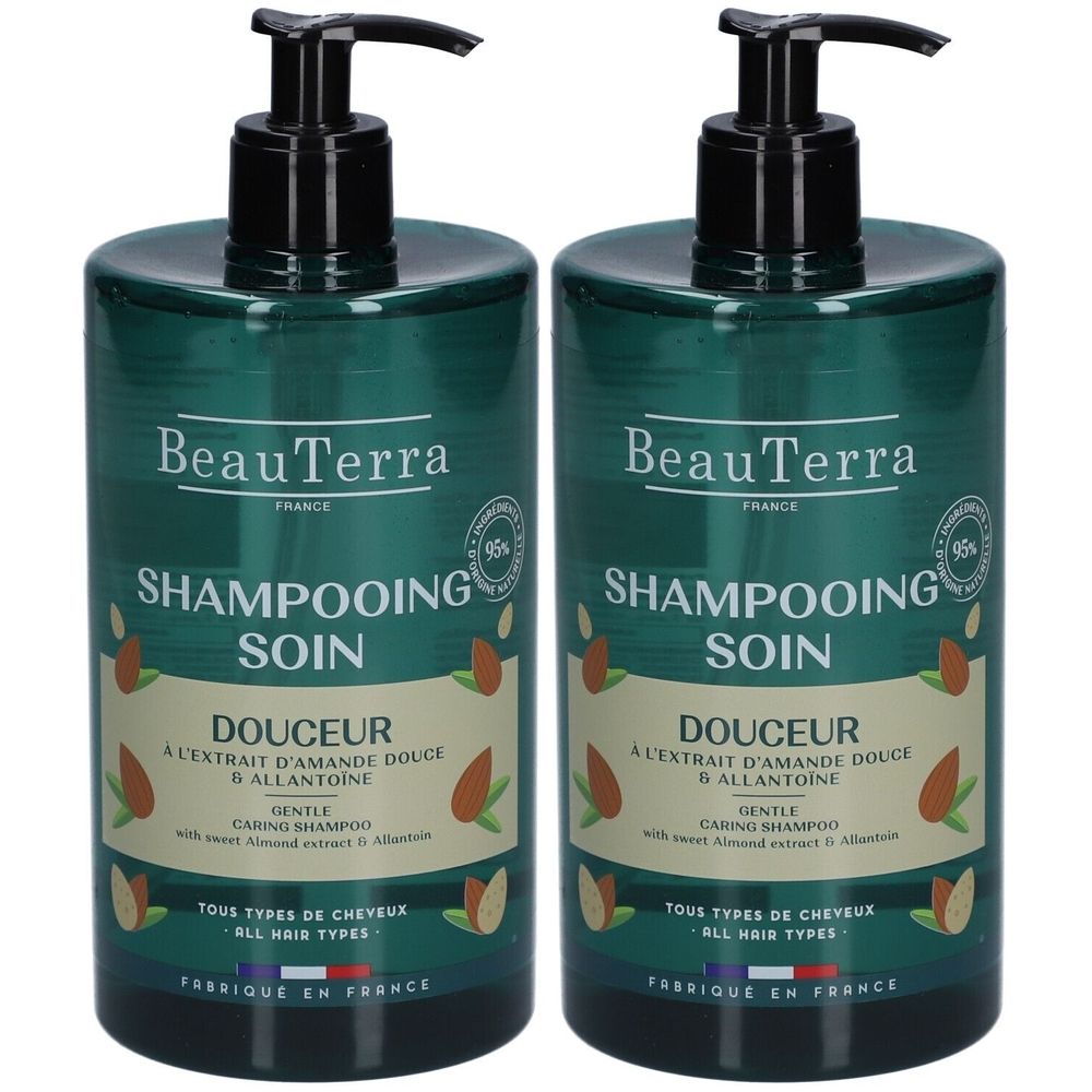 Deux flacons verts avec pompe noire. Inscription: BeauTerra, Shampooing Soin, Douceur. Contient extrait d'amande. Pour tous types de cheveux.