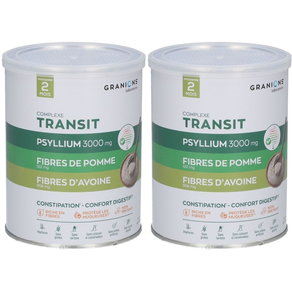 Deux boîtes de GRANIONS CPLX TRANSIT. Inscription: COMPLEXE TRANSIT, PSYLLIUM 3000 mg, FIBRES DE POMME, FIBRES D'AVOINE. Boîtes blanches avec éléments verts et bleus.