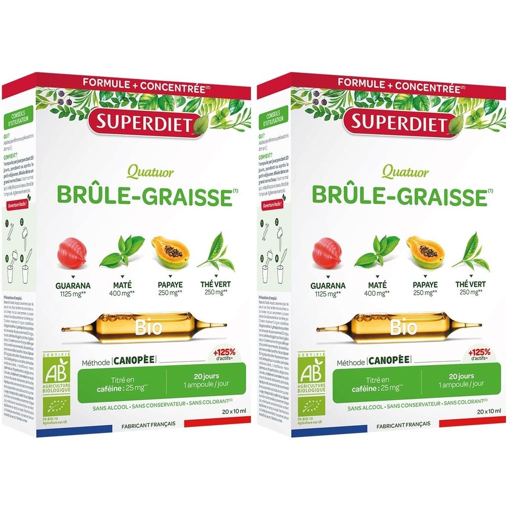 Deux boîtes de SUPERDIET QUATUOR BIO BRÛLE-GRAISSE. Ingrédients : Guarana, Maté, Papaye, Thé Vert. Certification Bio. 20 ampoules.