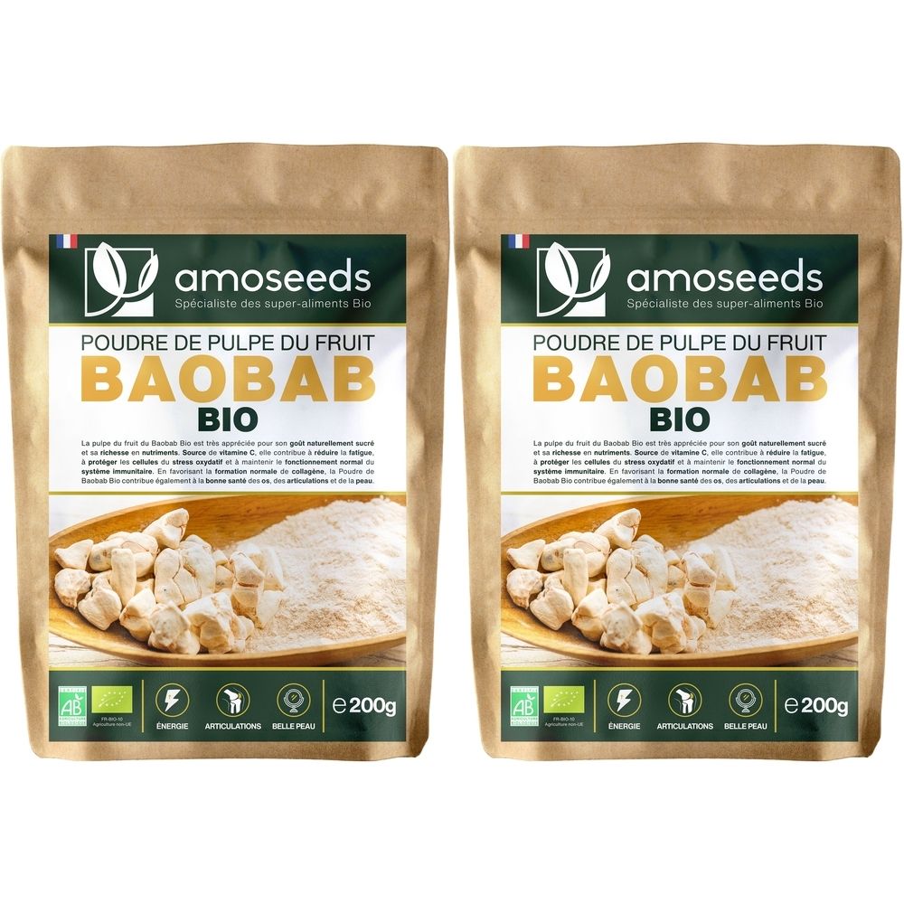 Deux sachets de poudre de baobab. Inscription : Poudre de pulpe du fruit BAOBAB BIO. Logo amoseeds. Certification bio. Contenu : e200g.