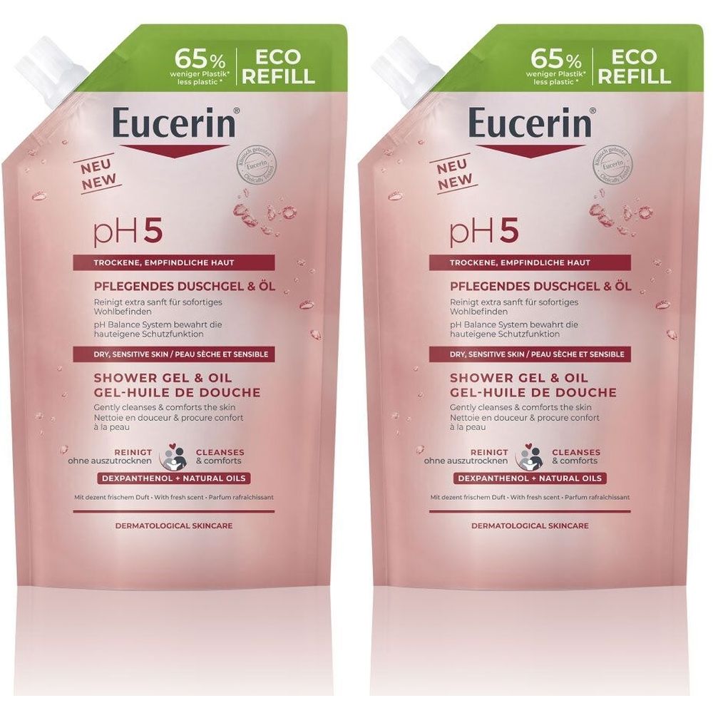 Deux recharges Eucerin pH5 Gel-Huile de Douche. Emballage rose avec partie supérieure verte. Texte: pH5, Peau sèche et sensible, Eco Refill.