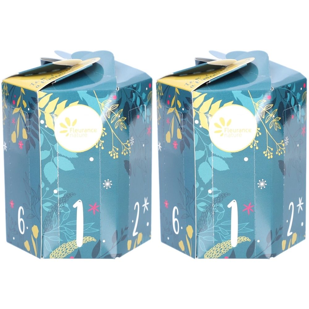 Deux boîtes décorées de motifs floraux et de chiffres. Autocollant avec logo. Turquoise, jaune et blanc. Inscription: Fleurance Nature.