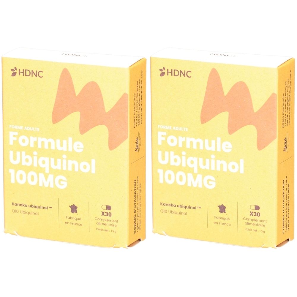 Deux boîtes jaunes avec 'Formule Ubiquinol 100MG'. Marque HDNC. Contient 30 gélules. Fabriqué en France.