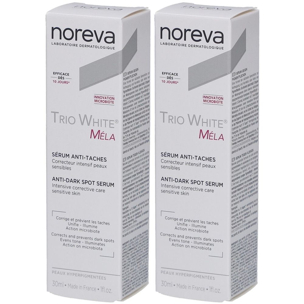 Deux boîtes blanches avec texte. Trio White Mela Sérum anti-taches. Marque Noreva. Sérum anti-taches pour peaux sensibles.