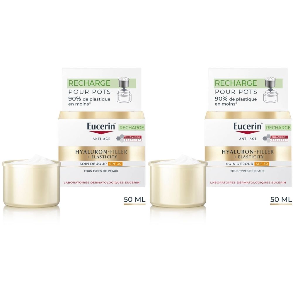 Deux pots de crème et emballages. Les emballages indiquent "Eucerin HYALURON-FILLER + ELASTICITY" et "SOIN DE JOUR SPF 30".