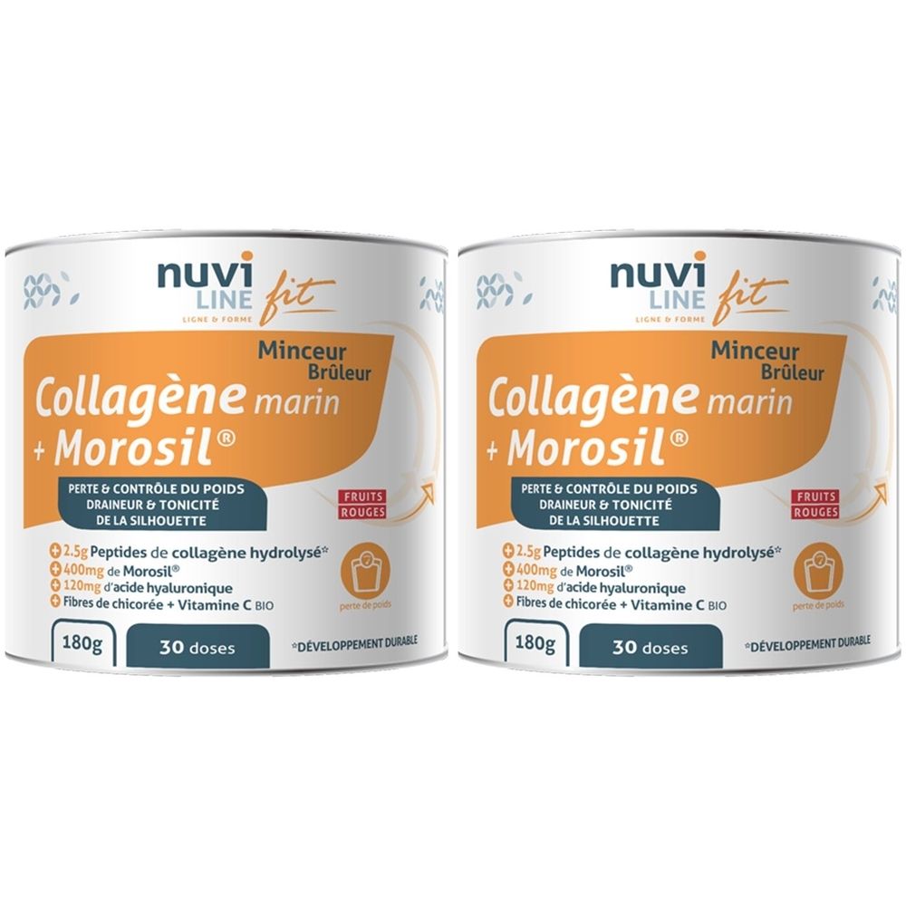 Deux boîtes de NUVILINE COLLAGENE MINCEUR. Inscription: Collagène marin + Morosil. Contient 180g et 30 doses.