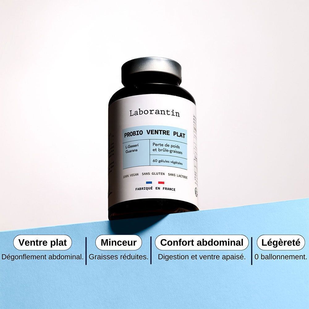 Flacon Laborantin Probio Ventre Plat. Inscription: PROBIO VENTRE PLAT. Quatre zones de texte: Ventre plat, Minceur, Confort abdominal, Légèreté.